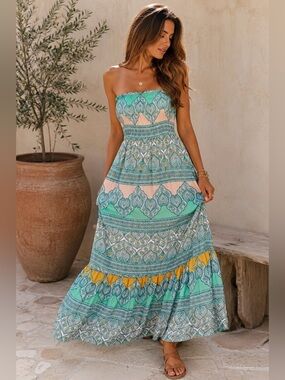 Euro Summer Resortcore Strapless Maxi Dress O’Neill Boho Beach Vacation Small